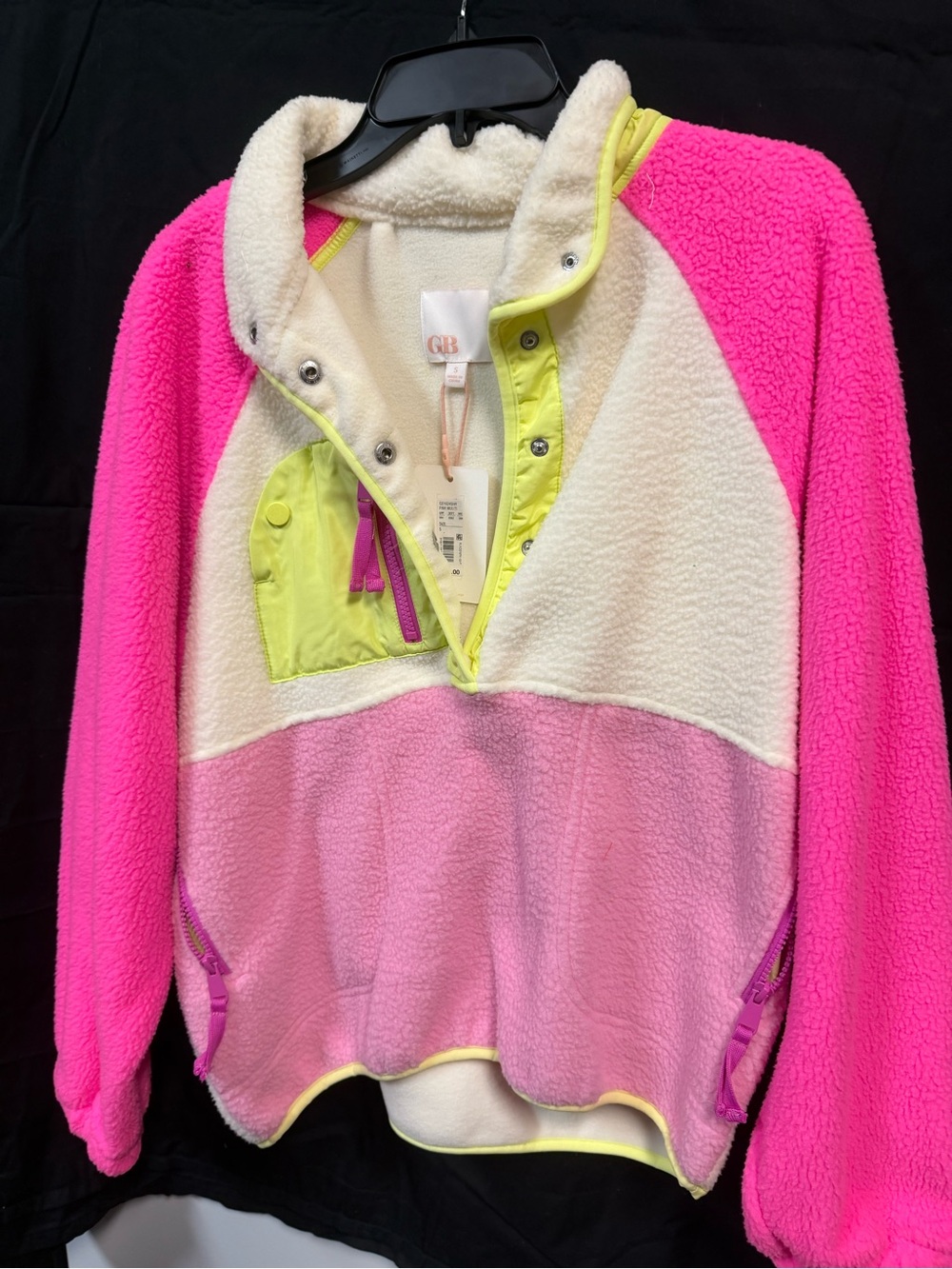 GB Pink & Hot Pink & Cream Colorblock Sherpa Pullover with Neon Trim